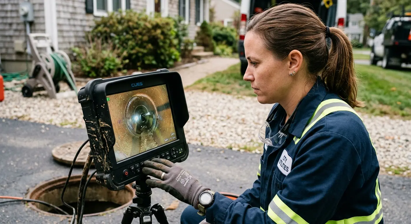 Technician reviewing sewer camera inspection footage in The Villages