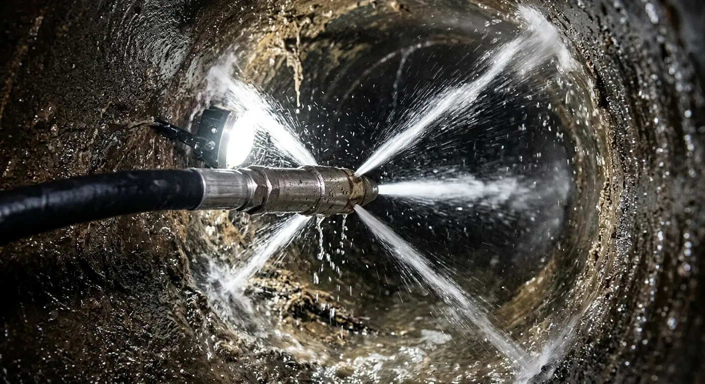 High-pressure hydro jetting nozzle cleaning sewer pipe for Trenchless Sewer Repair in The Villages