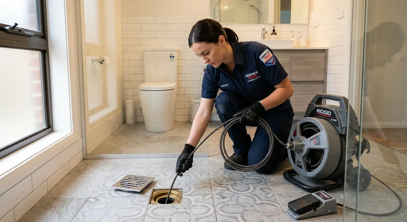 Technician clearing a bathroom floor drain for Clogged Drain Repair in The Villages